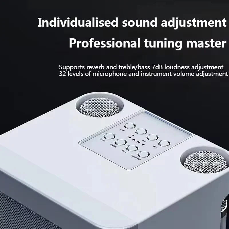 White portable karaoke speaker with two microphones