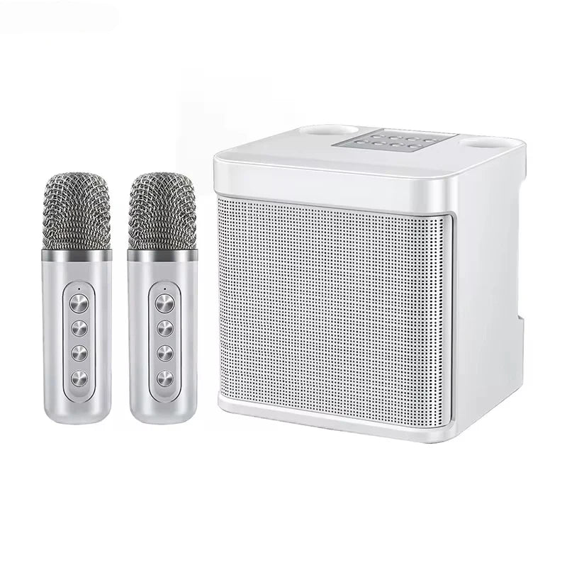 White portable karaoke speaker with two microphones