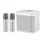 White portable karaoke speaker with two microphones