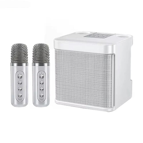 Enceinte de karaoké portable avec deux microphones, blanche