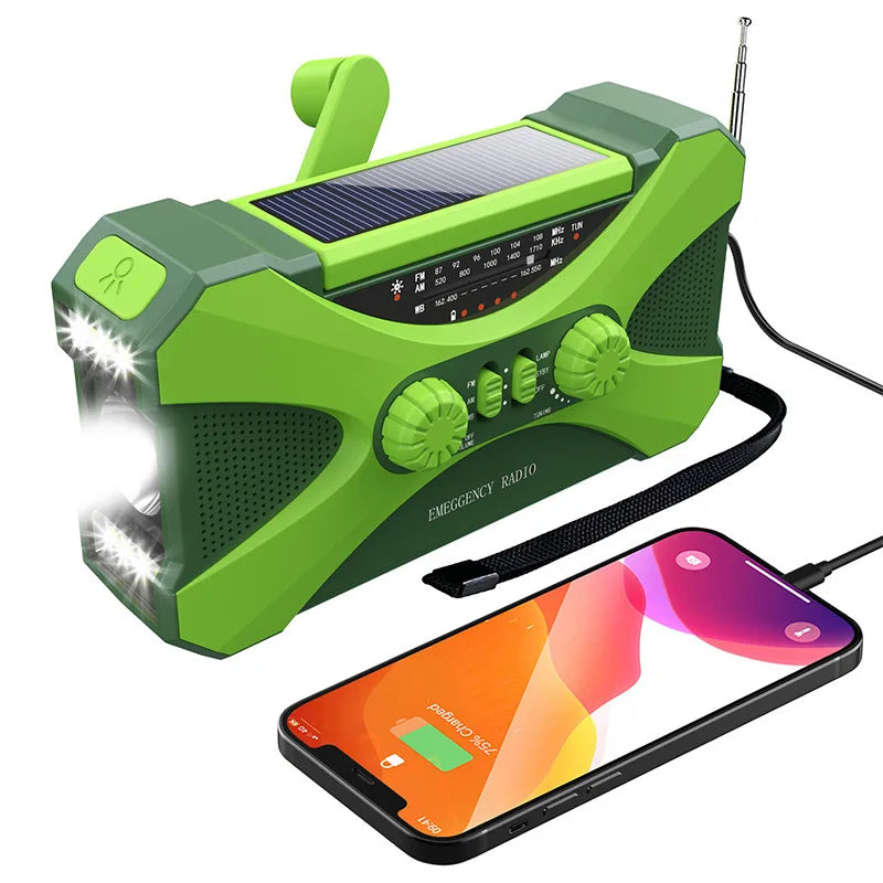 Green solar hand-crank emergency radio