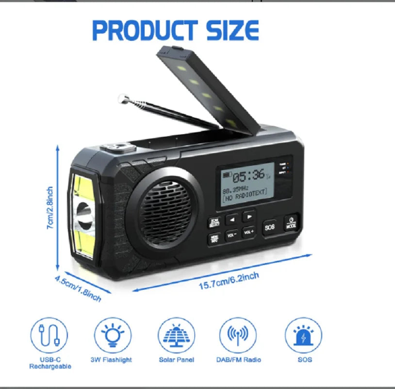 Black DAB+ solar hand-crank emergency radio