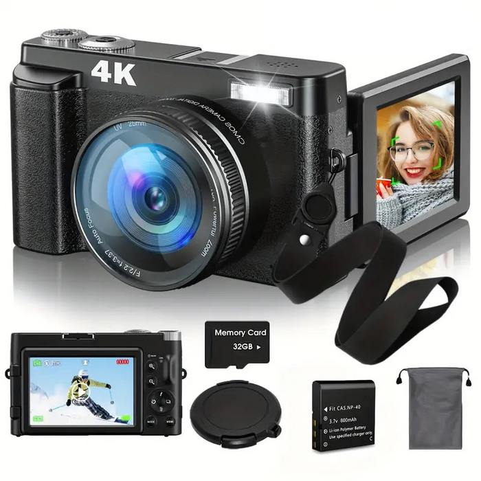 4K Digital Photo Camera with 48 MP Output, 3-inch Flip Screen and 16× Zoom