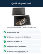Pack Shelly Plus Uni + Carcasa + DS18B20 (1 m) + DHT22 + Sensor de Nivel XKC-Y25 — Control Total WiFi