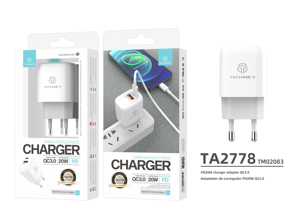 Carregador branco Techancy TA2801 de 20 W com carregamento rápido PD e QC 3.0