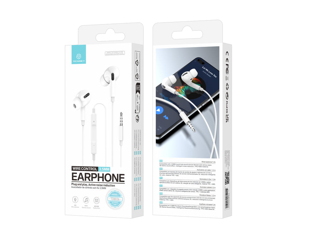 Techancy Auricular Com Fios Branco TD8036 , Microfone Integrado, 3,5 Mm, Compatível Com Smartphones E Tablets-3