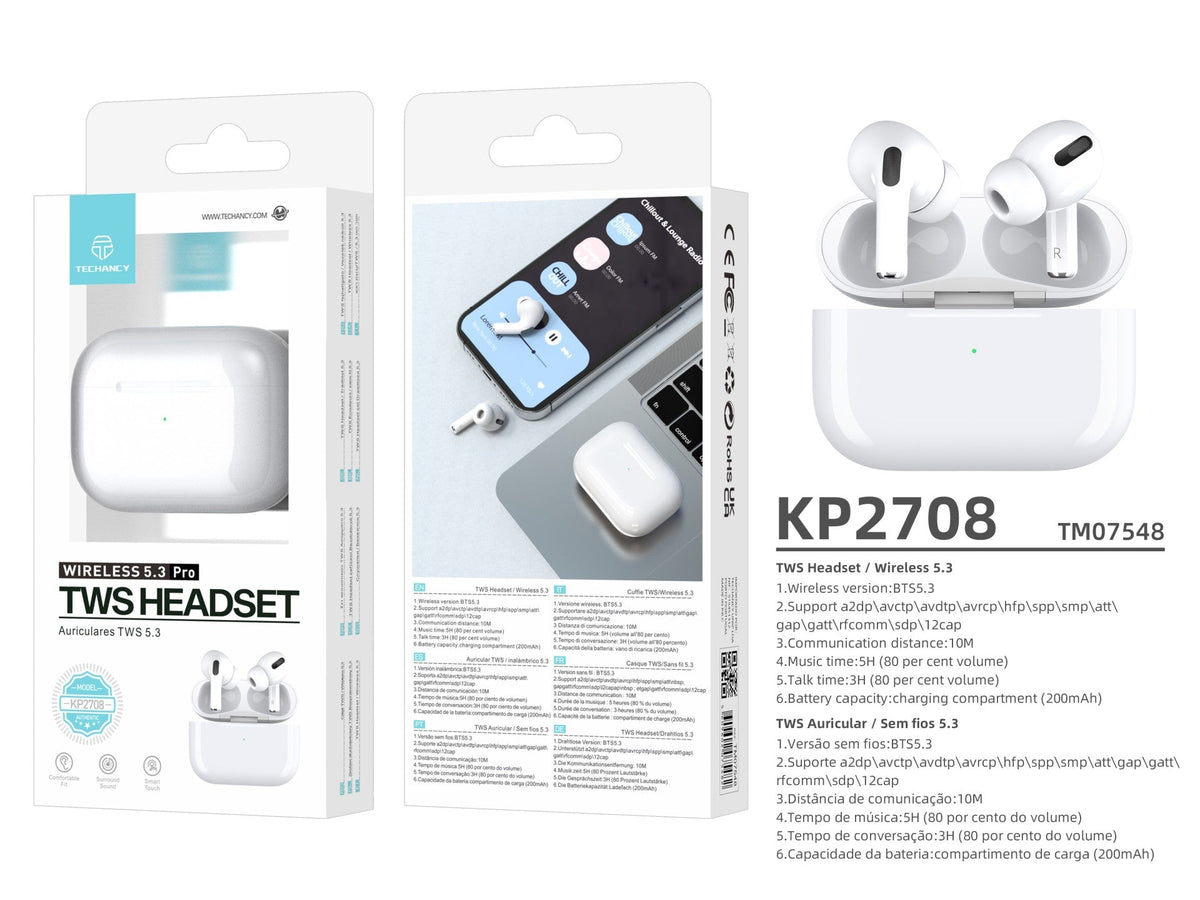 Auriculares Techancy TWS KP2708 Bluetooth 5.3, brancos, até 5 h de reprodução