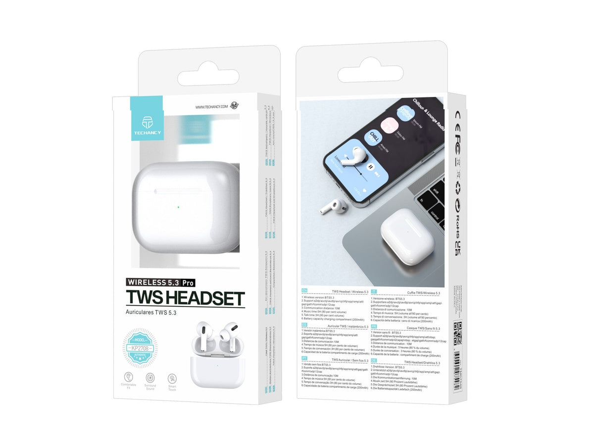 Auriculares Techancy TWS KP2708 Bluetooth 5.3, brancos, até 5 h de reprodução