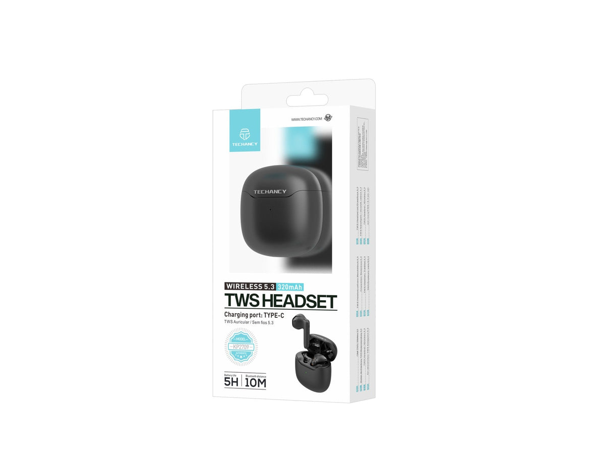 Techancy Auricular TWS KP2709 Sem Fios 5.3 Bluetooth Porta Type C Distancia de 10m 5h de Musica Estojo de Carga 320mAh Preto-3