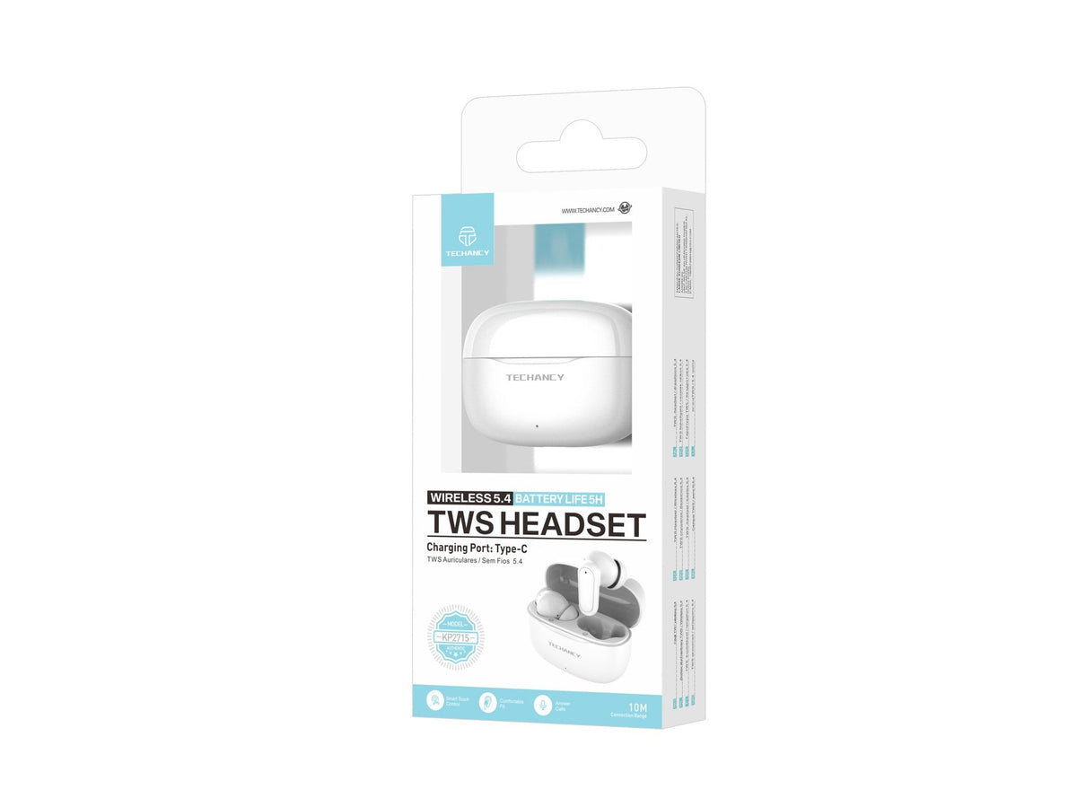 Auriculares Techancy TWS KP2715 Bluetooth 5.4 com microfone HD, brancos
