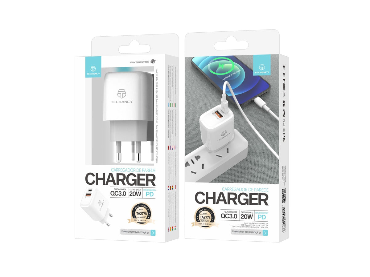 Carregador branco Techancy TA2801 de 20 W com carregamento rápido PD e QC 3.0